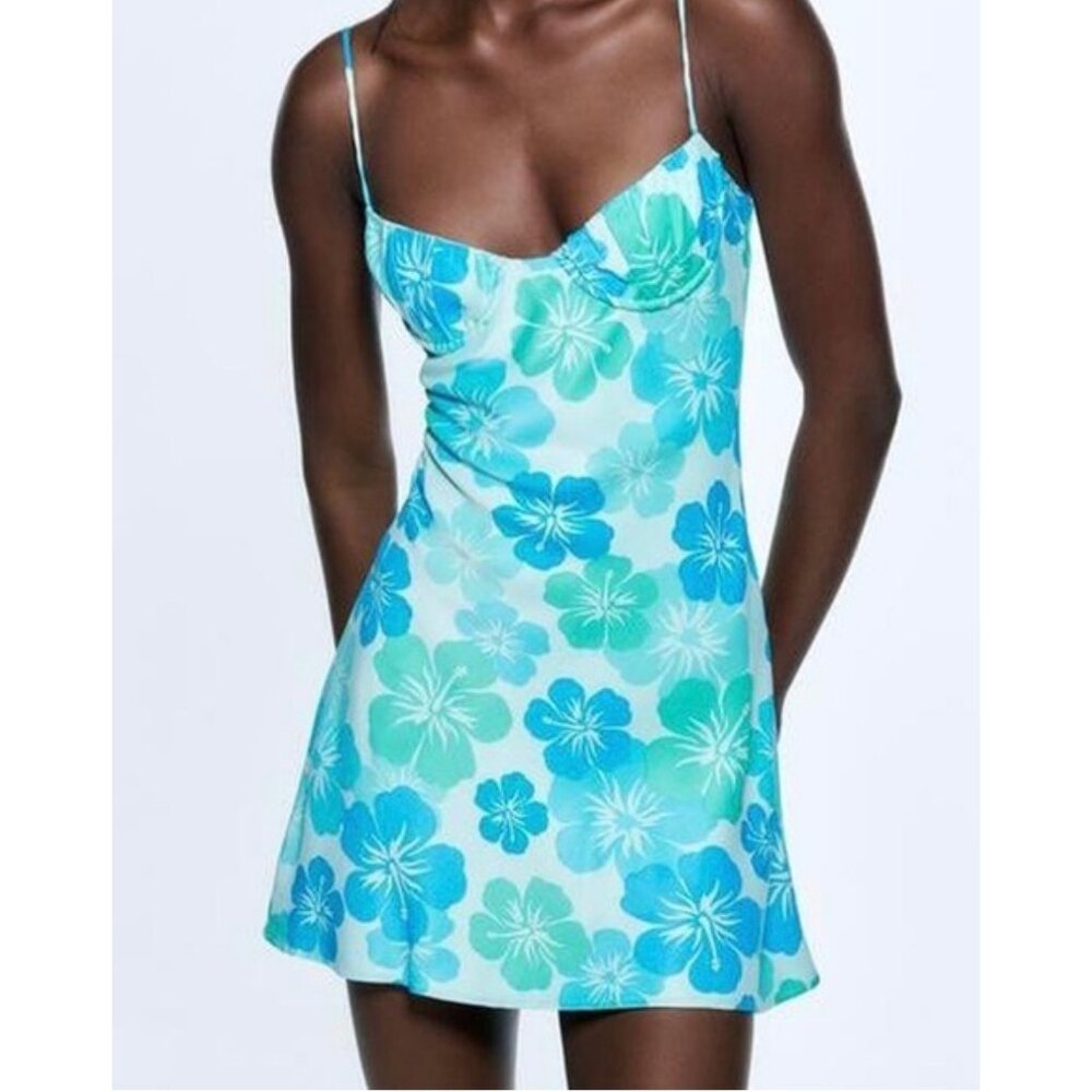 Zara Blue & Green Floral Print Spaghetti Strap Mini Dress Size S Lightweight Sum